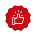 Symbole d'évaluation positive avec un pouce en l'air sur fond rouge