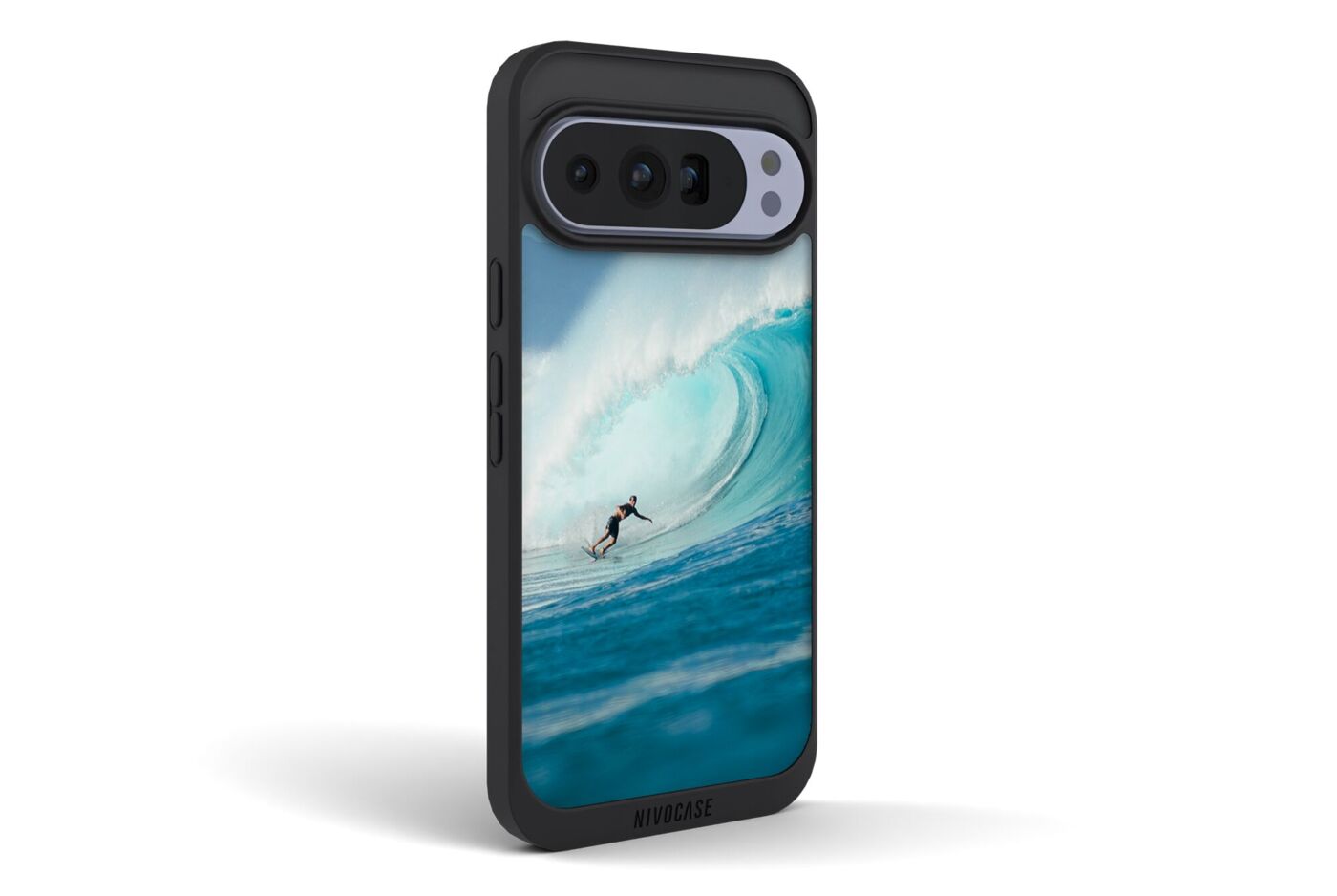 Coque noire pour smartphone Google Pixel personnalisée avec une vague bleue aux reflets turquoise
